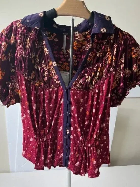 NWT Free People Bella Blouse in Earth Red Combo Colorway Size X-Small - Picture 1 of 6